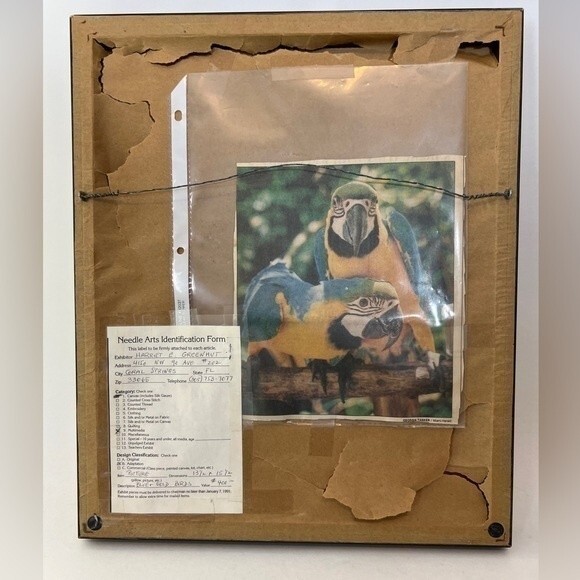 Vintage Original Embroidery Needlework Framed Art birds By H Greenhut - Picture 8 of 10